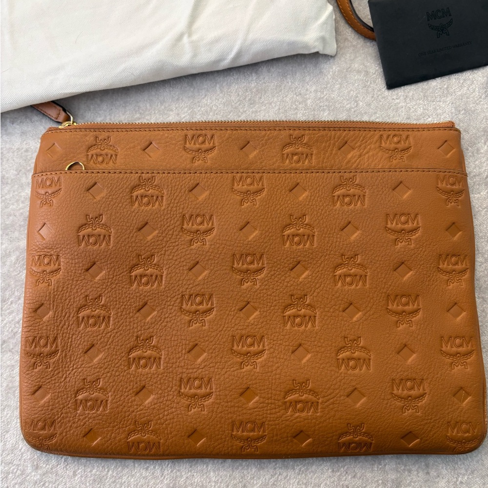 MCM Cognac Embossed Visetos Leather Zip Pouch